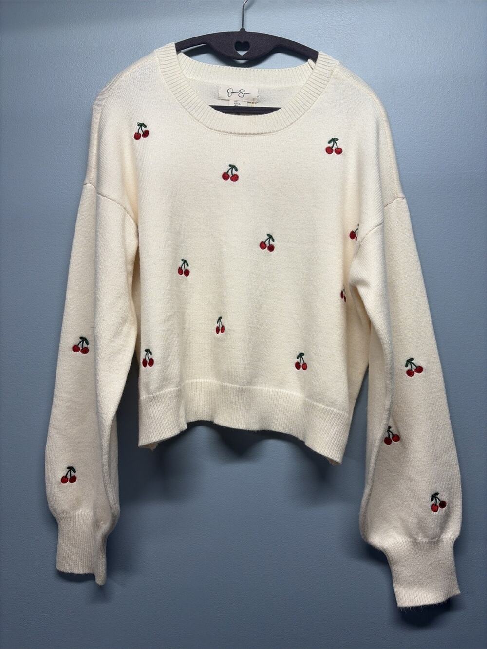 NWT Jessica Simpson Cropped Sweater/Large White Knit Cherry Printed Streetwear